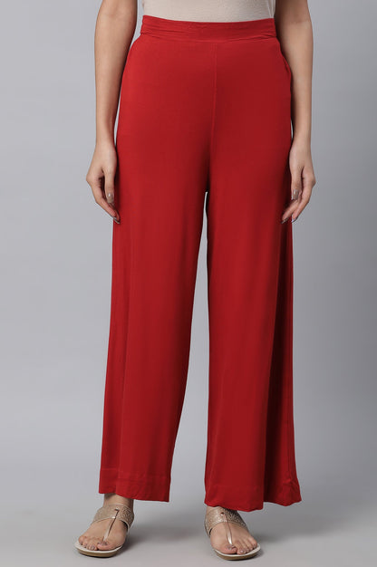 Red Solid Flared Palazzo With Elasticated Waist