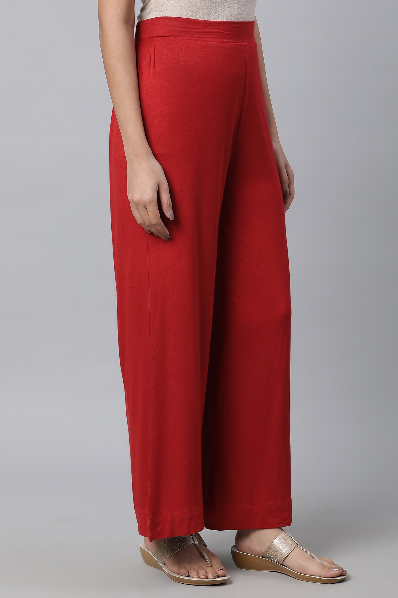 Red Solid Flared Palazzo With Elasticated Waist