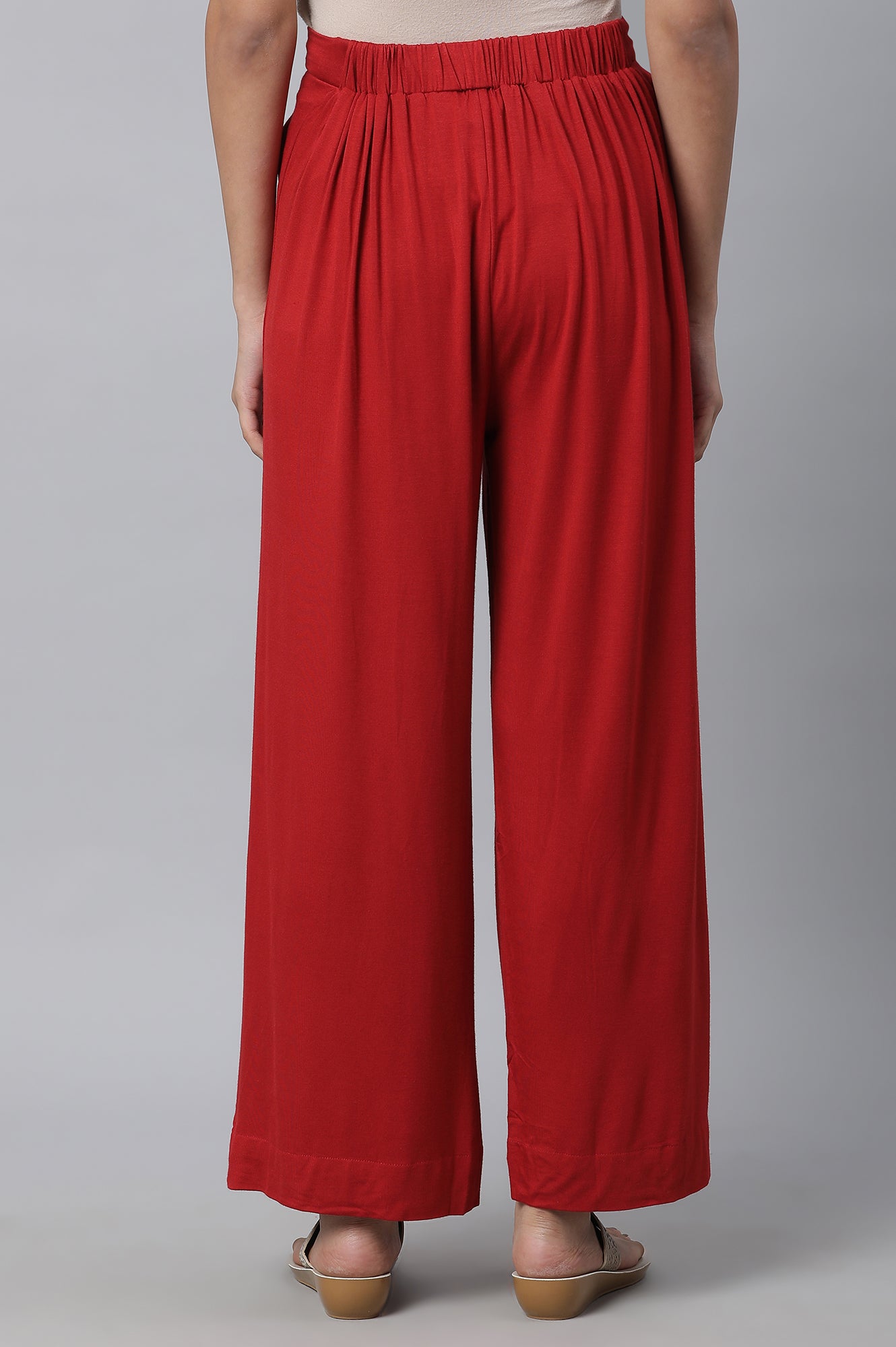 Red Solid Flared Palazzo With Elasticated Waist