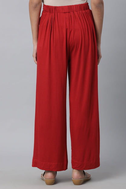 Red Solid Flared Palazzo With Elasticated Waist