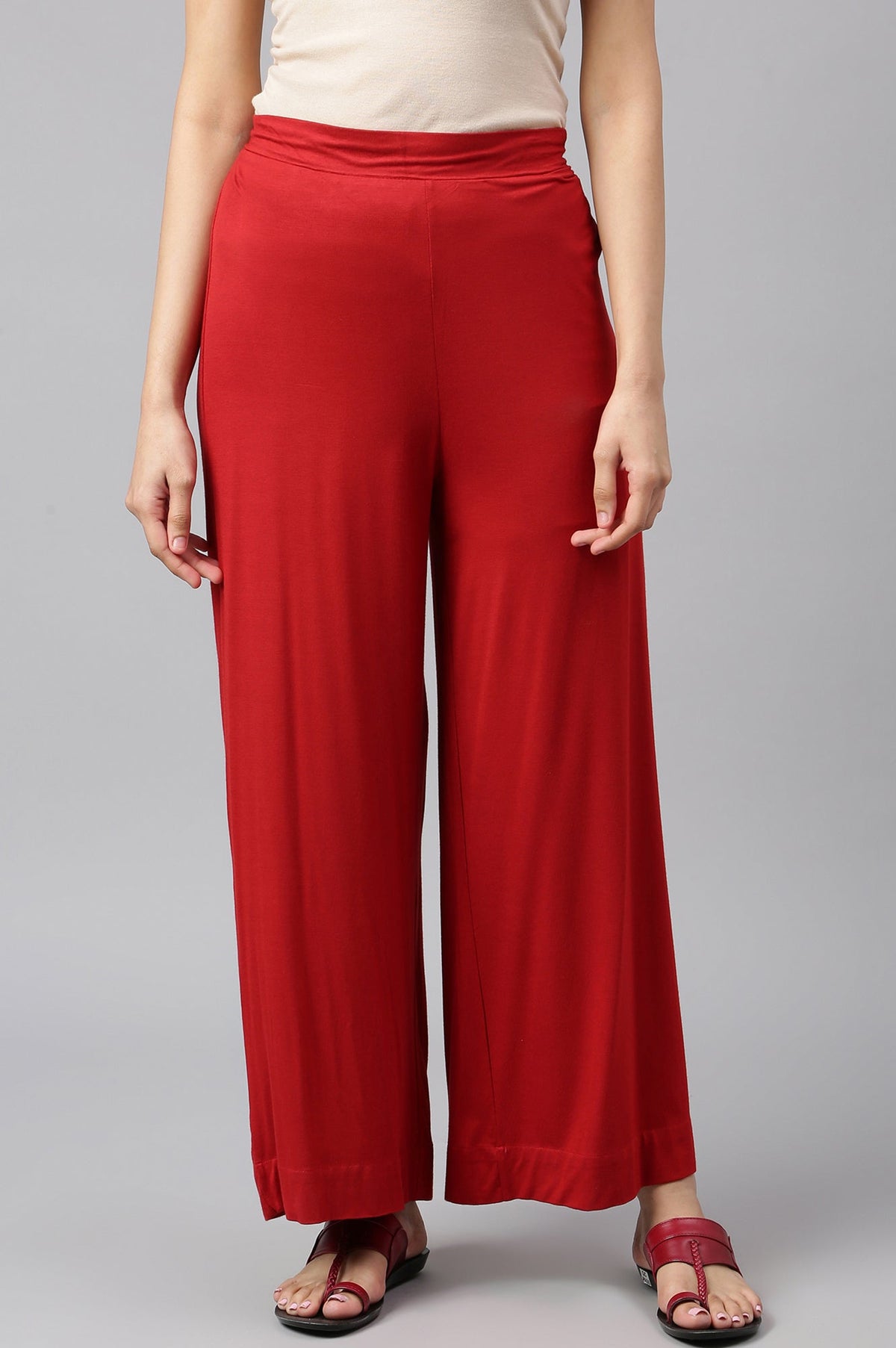 Elleven Women's Red Solid Straight Fit Palazzo With Elasticated Waist - XS