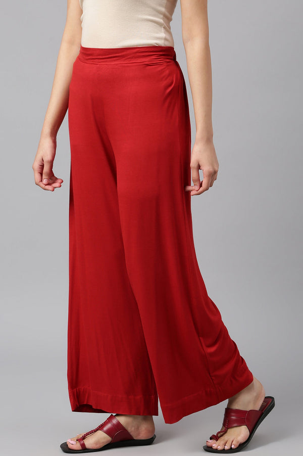 Elleven Women's Red Solid Straight Fit Palazzo With Elasticated Waist