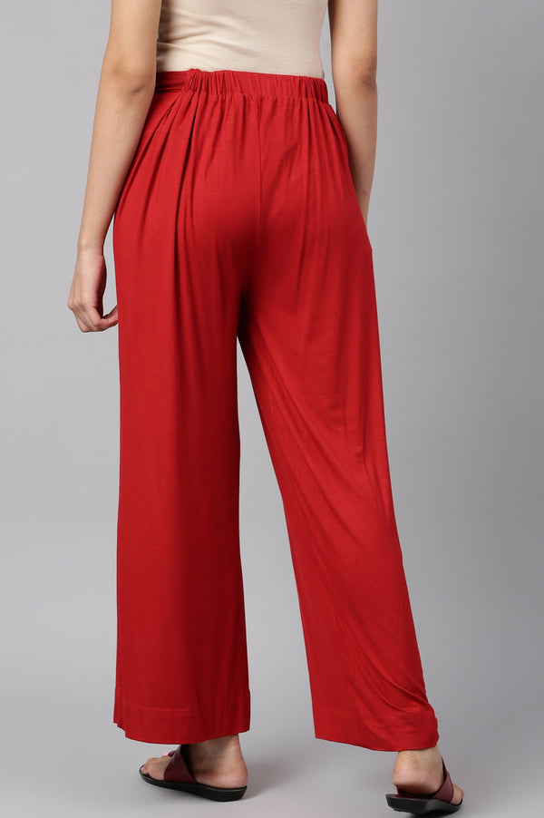 Elleven Women's Red Solid Straight Fit Palazzo With Elasticated Waist
