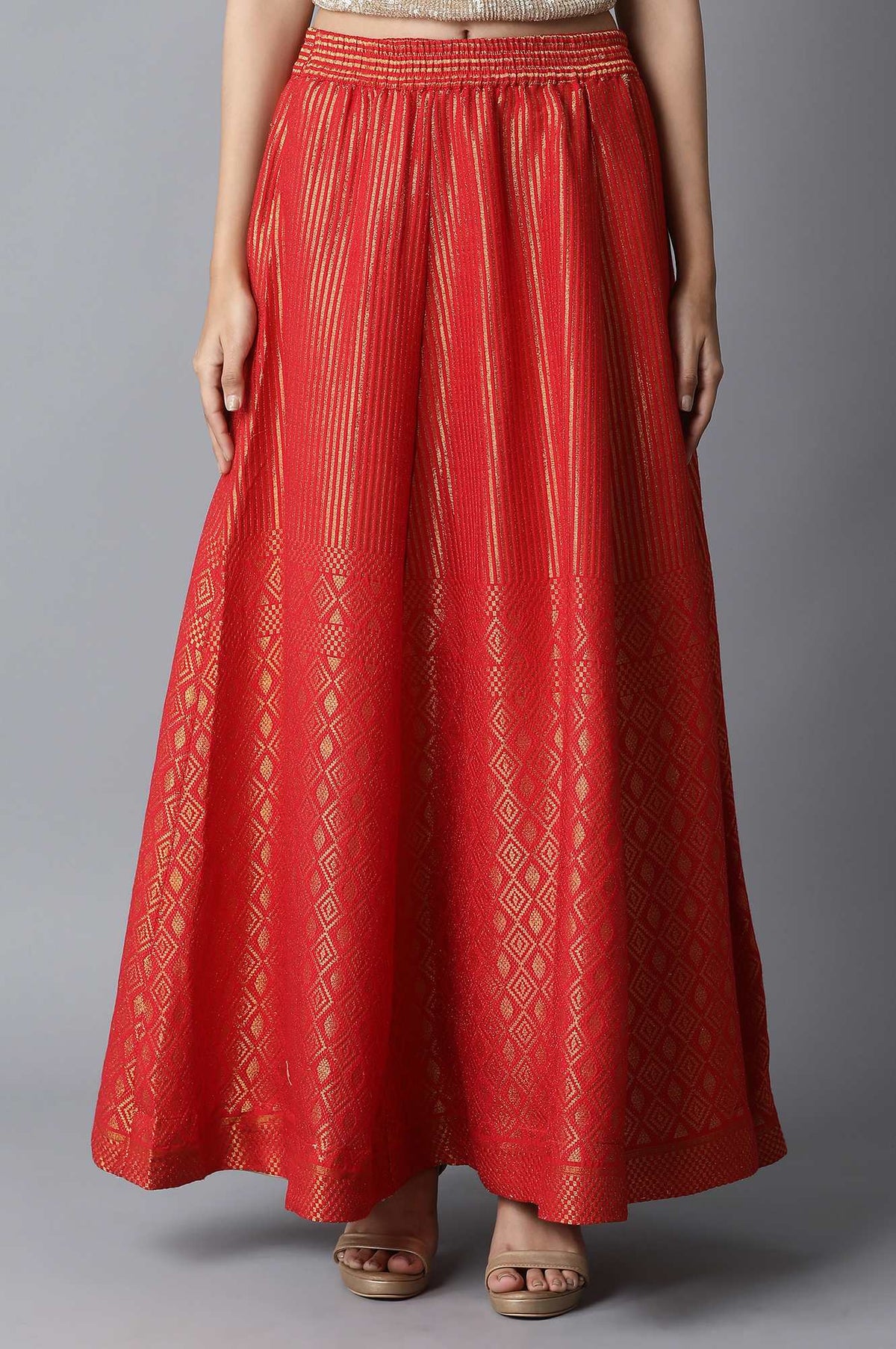 Elleven Women's Red Dobby Printed Flared Woven Skirt with Elasticated Waist - XS