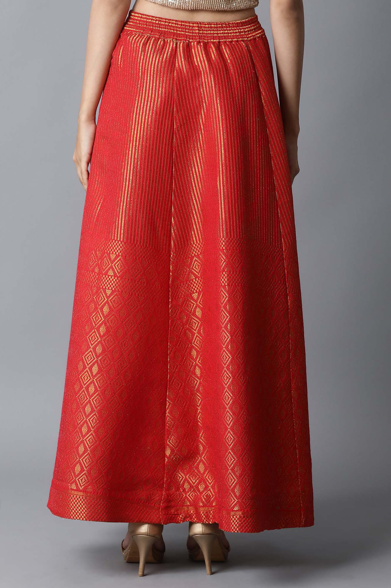 Red Dobby Printed Flared Woven Skirt with Elasticated Waist