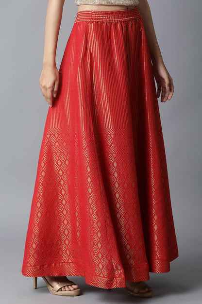 Red Dobby Printed Flared Woven Skirt with Elasticated Waist