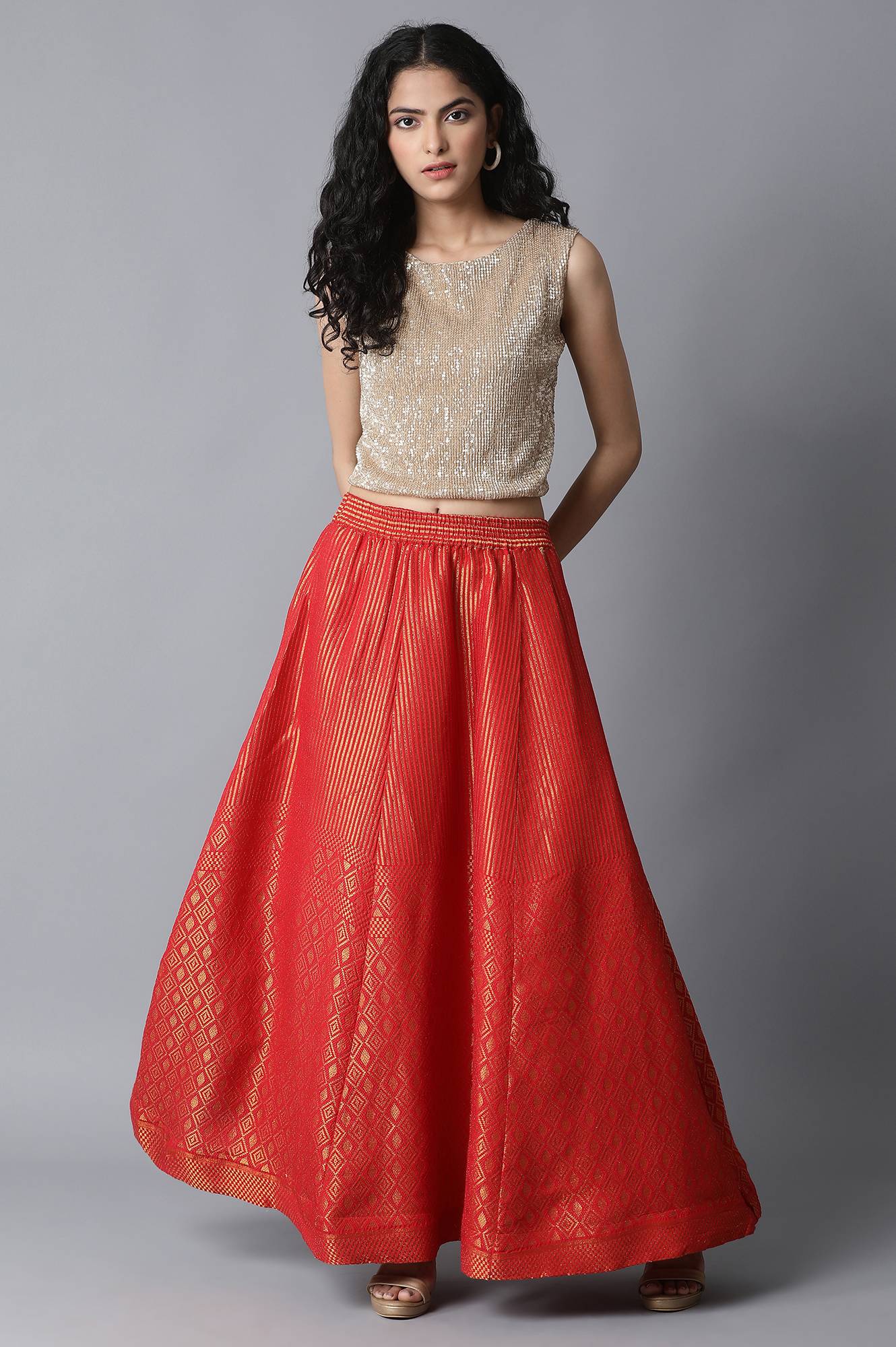 Red Dobby Printed Flared Woven Skirt with Elasticated Waist