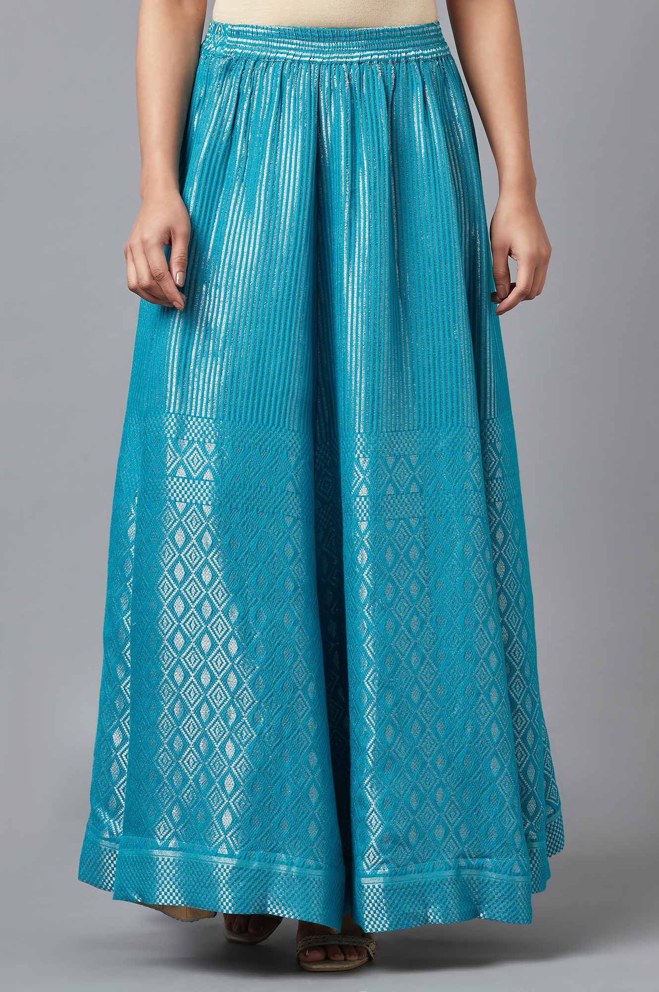 Turquoise Blue Dobby Printed Flared Silk Skirt with Elasticated Waist