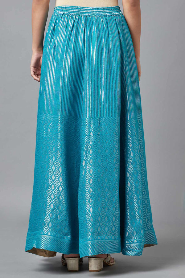 Elleven Women's Turquoise Blue Dobby Printed Flared Silk Skirt with Elasticated Waist