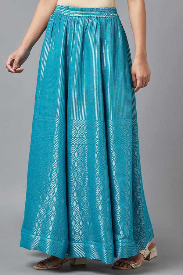 Elleven Women's Turquoise Blue Dobby Printed Flared Silk Skirt with Elasticated Waist