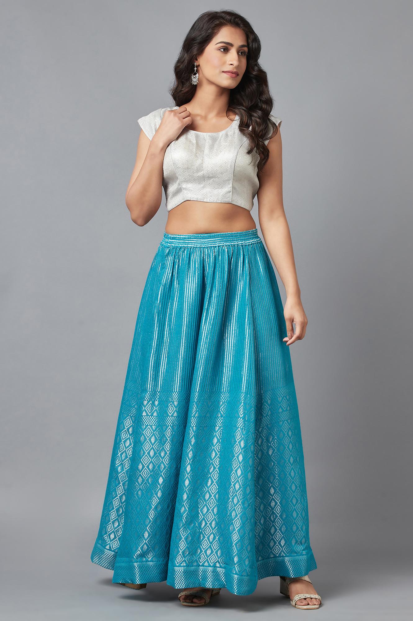 Turquoise Blue Dobby Printed Flared Silk Skirt with Elasticated Waist