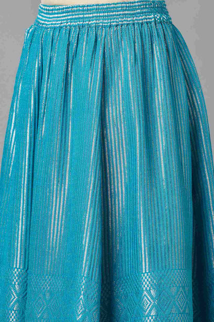 Turquoise Blue Dobby Printed Flared Silk Skirt with Elasticated Waist
