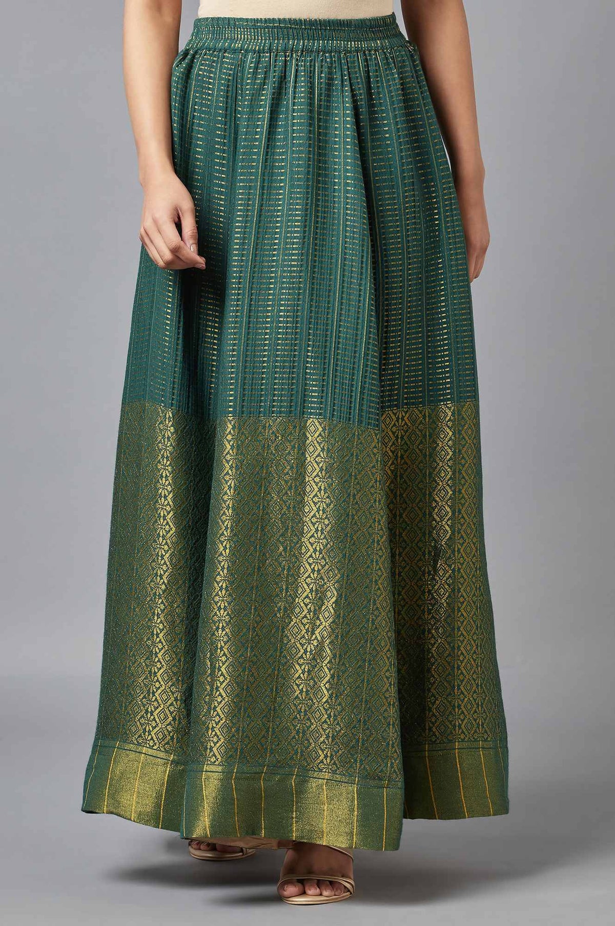 Elleven Women's Green Dobby Printed Flared Silk Skirt With Elasticated Waist - L