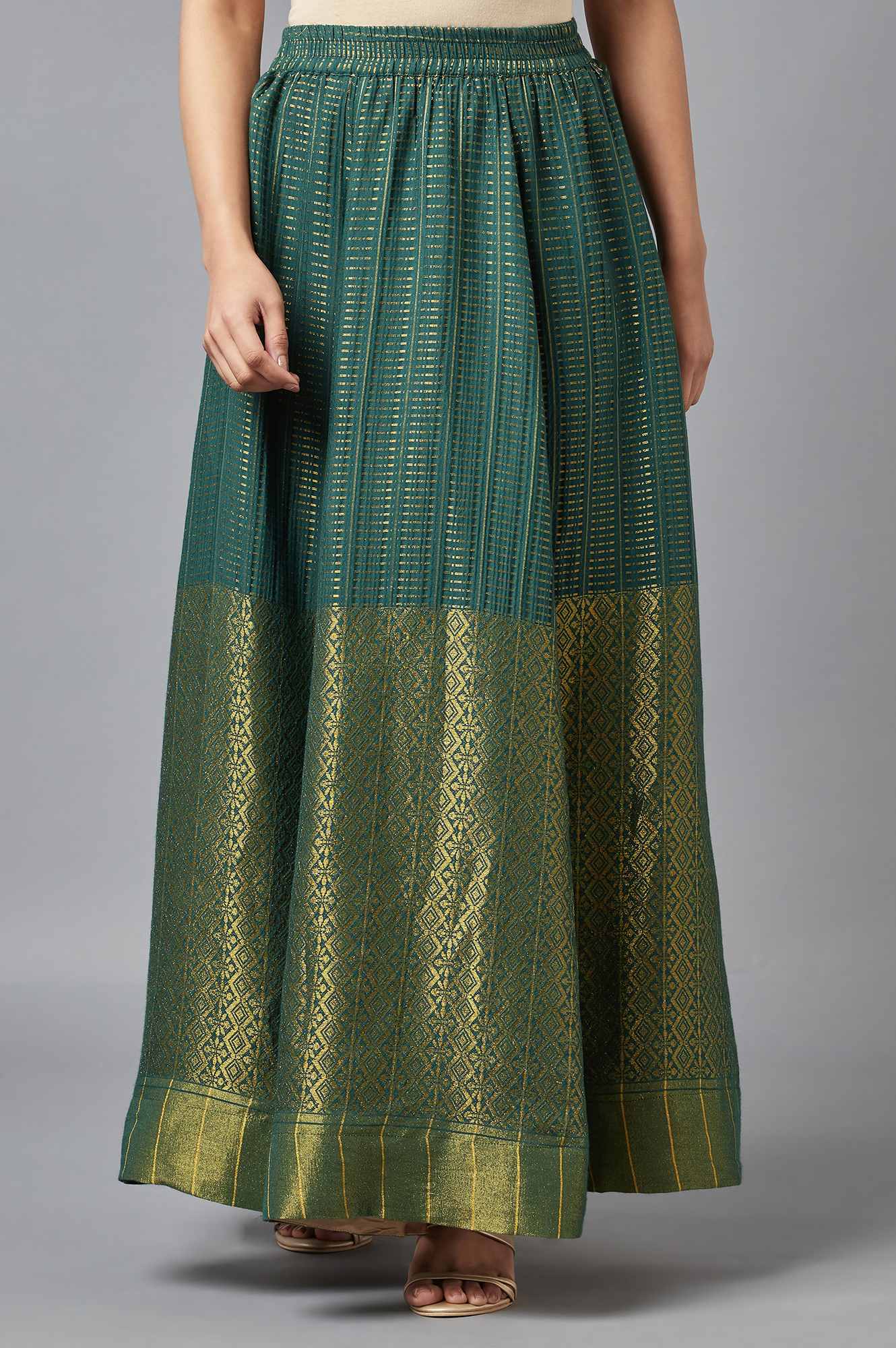 Green Dobby Printed Flared Silk Skirt With Elasticated Waist