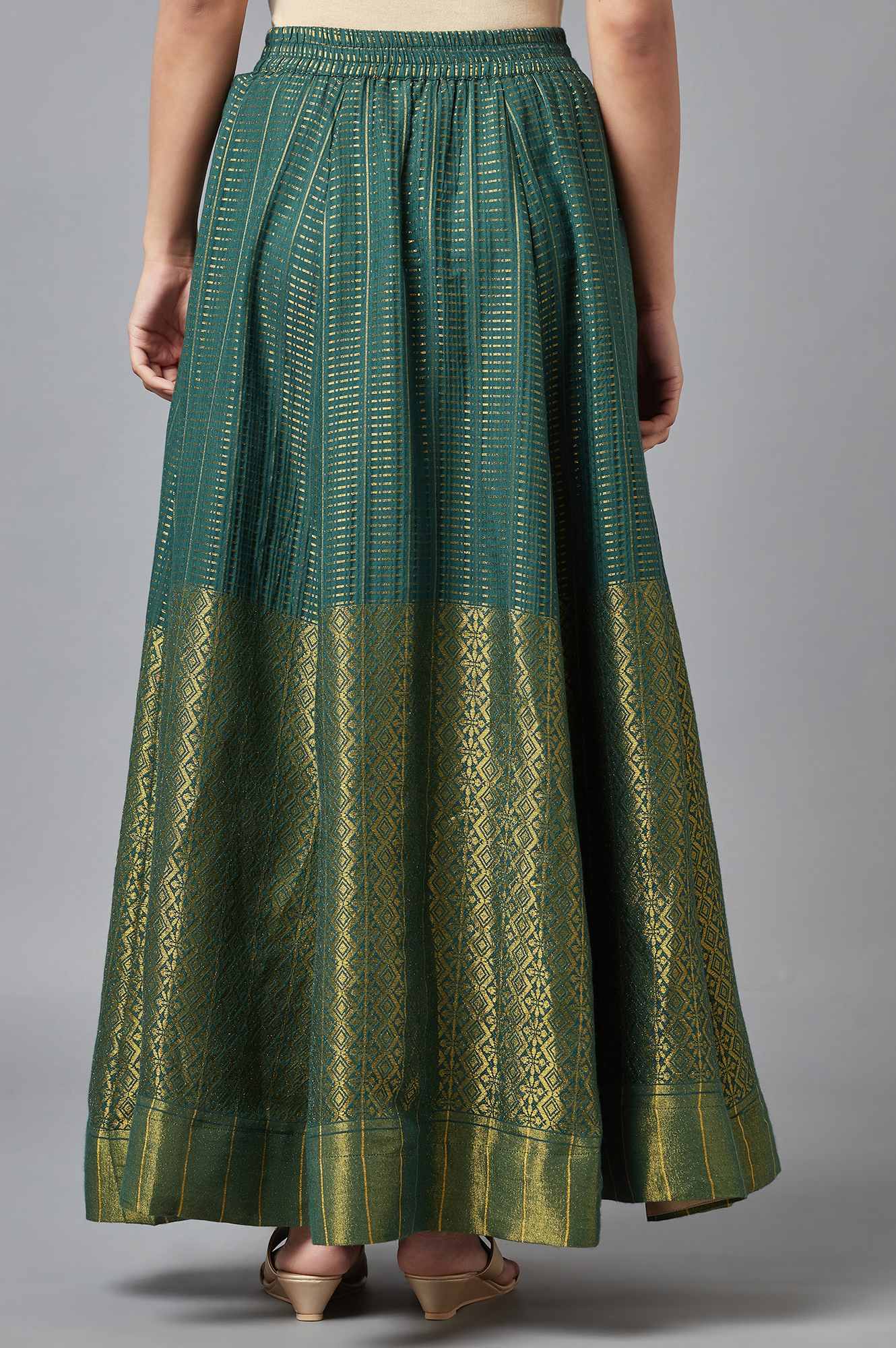 Green Dobby Printed Flared Silk Skirt With Elasticated Waist