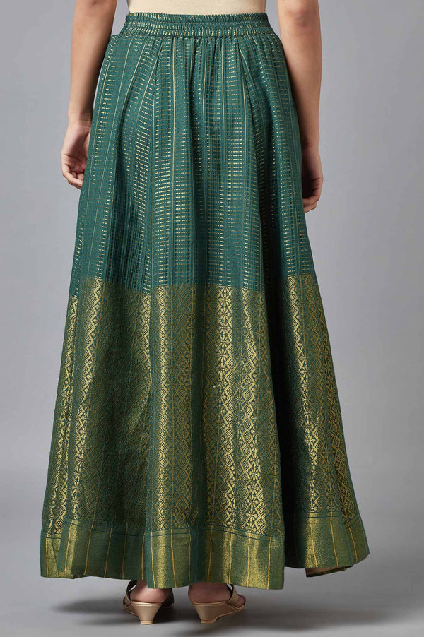 Green Dobby Printed Flared Silk Skirt With Elasticated Waist
