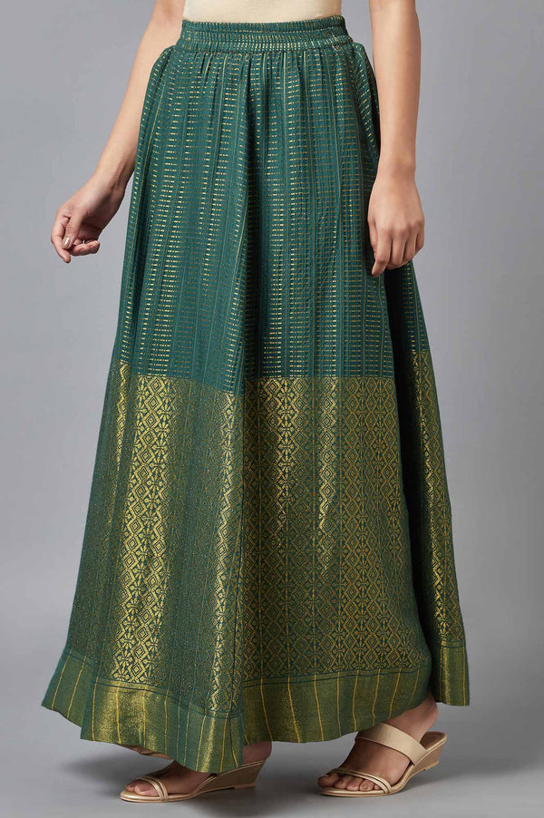 Green Dobby Printed Flared Silk Skirt With Elasticated Waist