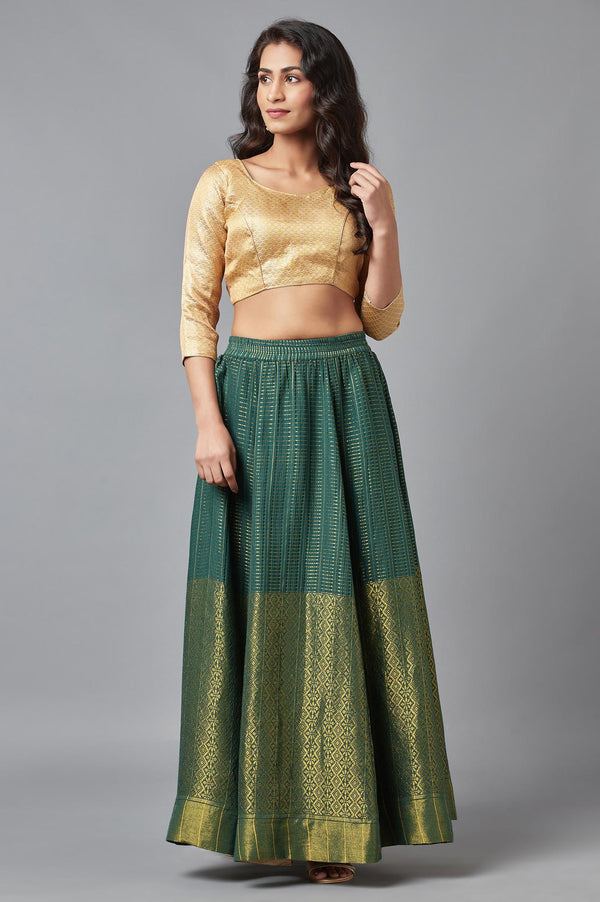 Green Dobby Printed Flared Silk Skirt With Elasticated Waist