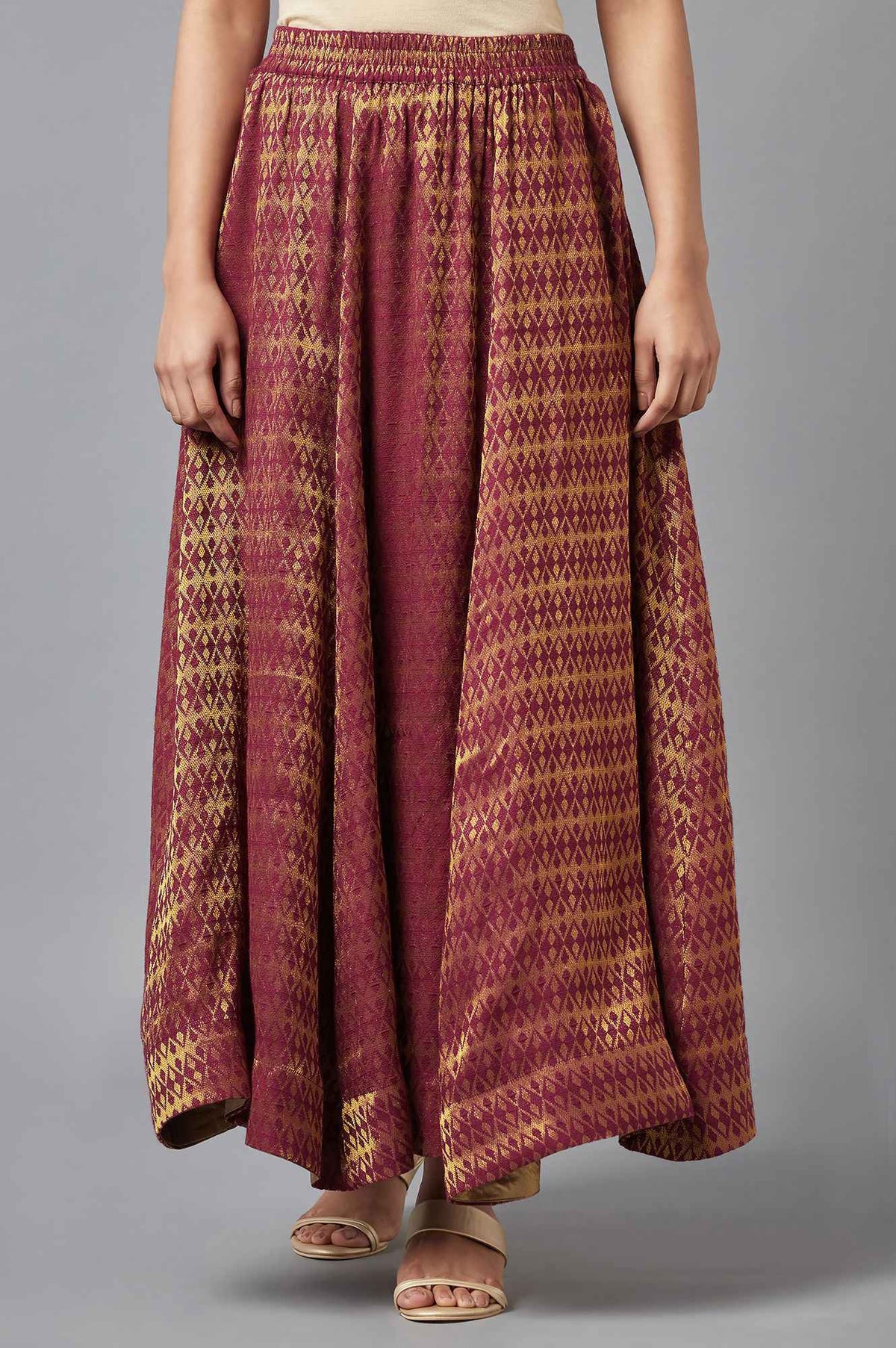Elleven Women's Maroon Dobby Flared Woven Skirt With Elasticated Waist - XS