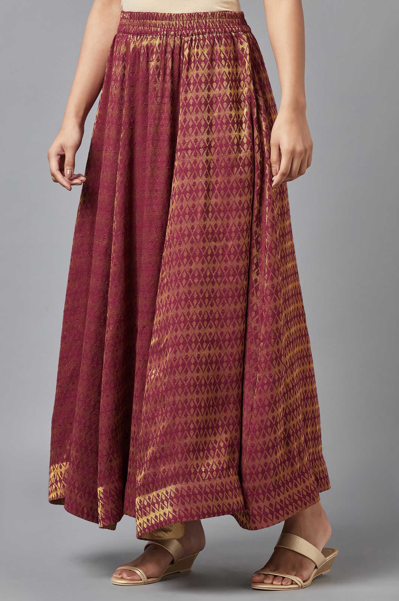 Maroon Dobby Flared Woven Skirt With Elasticated Waist
