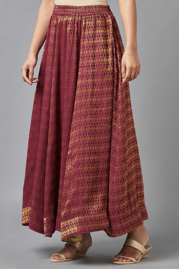 Maroon Dobby Flared Woven Skirt With Elasticated Waist