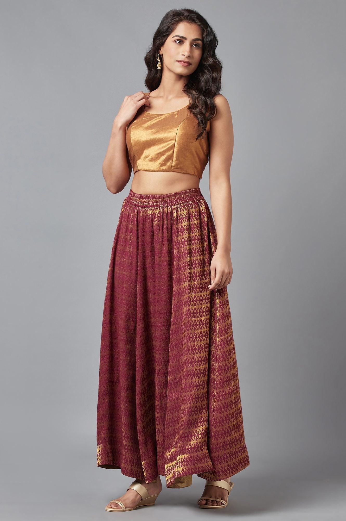 Maroon Dobby Flared Woven Skirt With Elasticated Waist