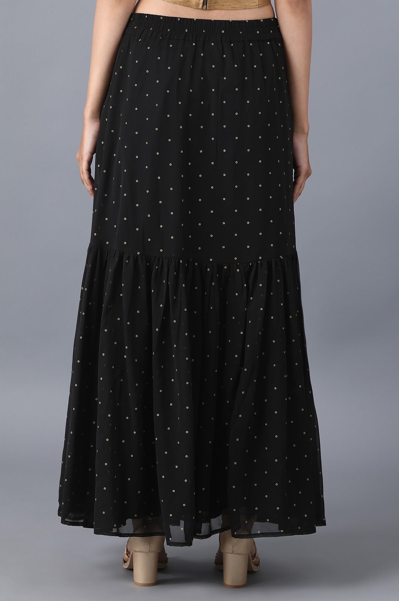 Black Dot Printed Flared Woven Skirt With Elasticated Waist