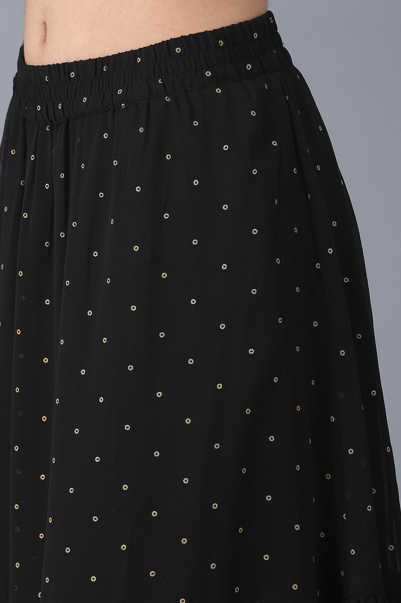 Black Dot Printed Flared Woven Skirt With Elasticated Waist
