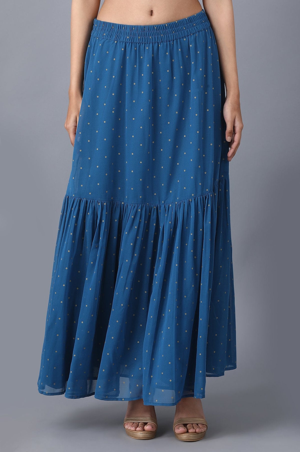 Elleven Women's Blue Dot Printed Flared Woven Skirt With Elasticated Waist - XS