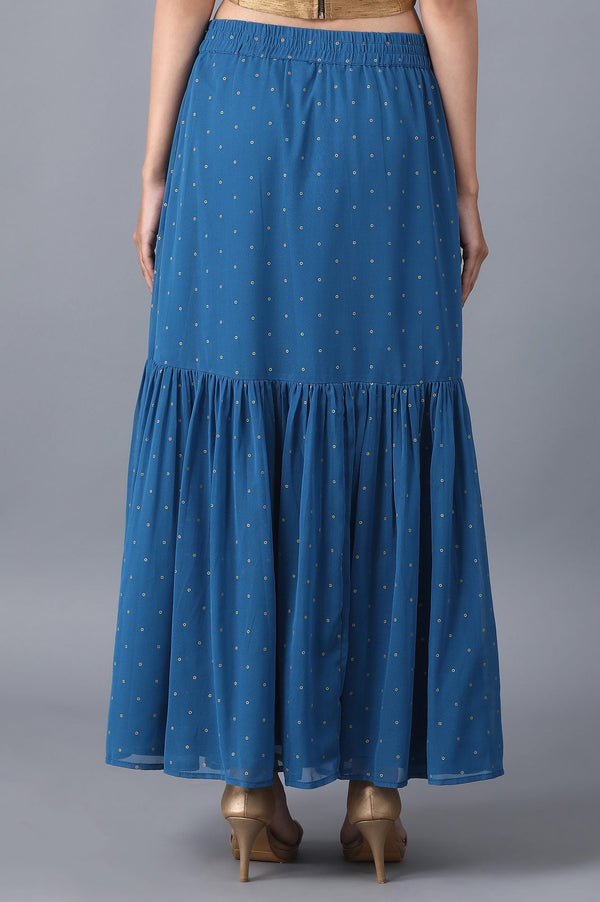 Blue Dot Printed Flared Woven Skirt With Elasticated Waist