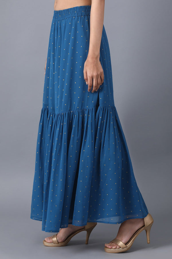 Blue Dot Printed Flared Woven Skirt With Elasticated Waist