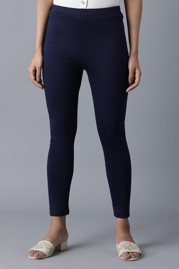 Navy Blue Solid Skinny Fit Cotton Tights With Elasticated Waist