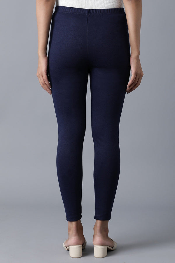 Navy Blue Solid Skinny Fit Cotton Tights With Elasticated Waist