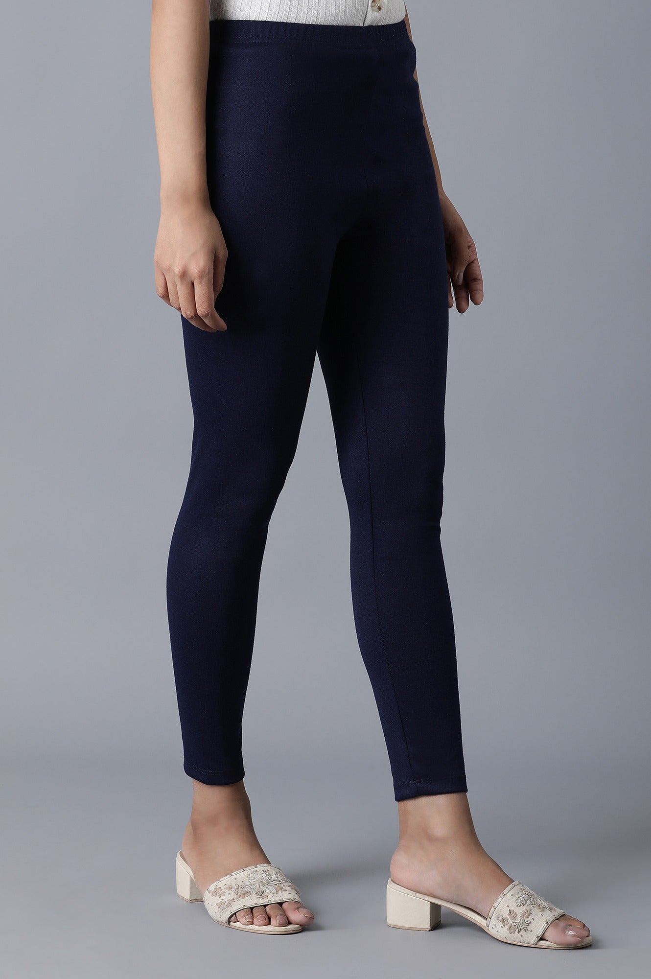 Navy Blue Solid Skinny Fit Cotton Tights With Elasticated Waist