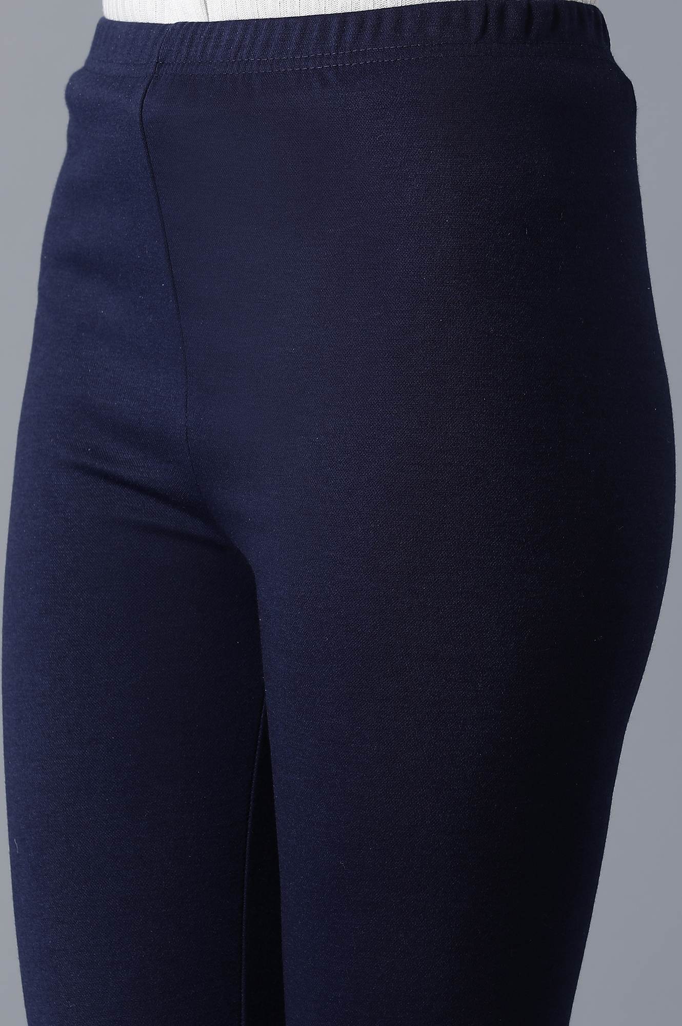 Navy Blue Solid Skinny Fit Cotton Tights With Elasticated Waist