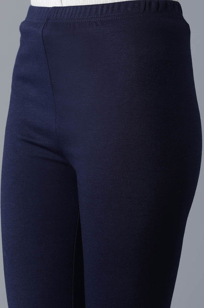 Navy Blue Solid Skinny Fit Cotton Tights With Elasticated Waist