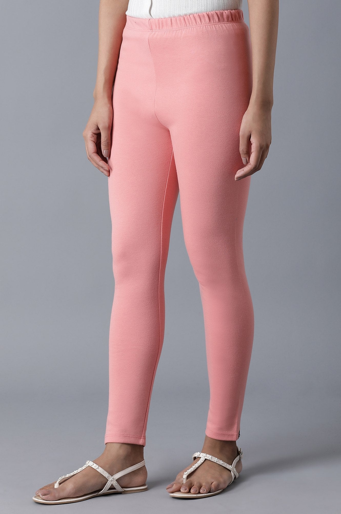 Pink Solid Skinny Fit Cotton Tights With Elasticated Waistband