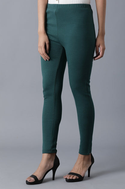Green Solid Skinny Fit Cotton Tights With Elasticated Waist