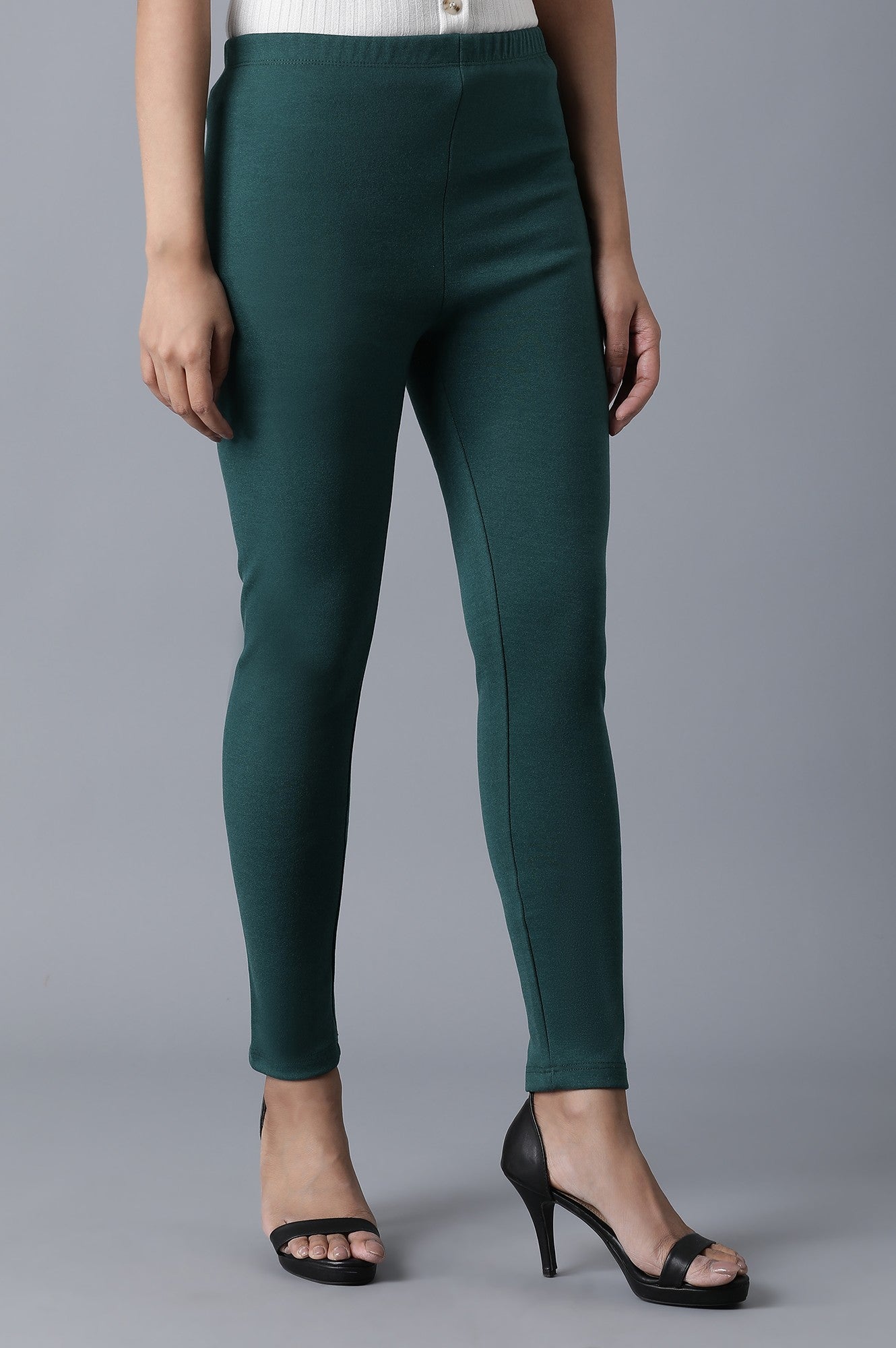 Green Solid Skinny Fit Cotton Tights With Elasticated Waist
