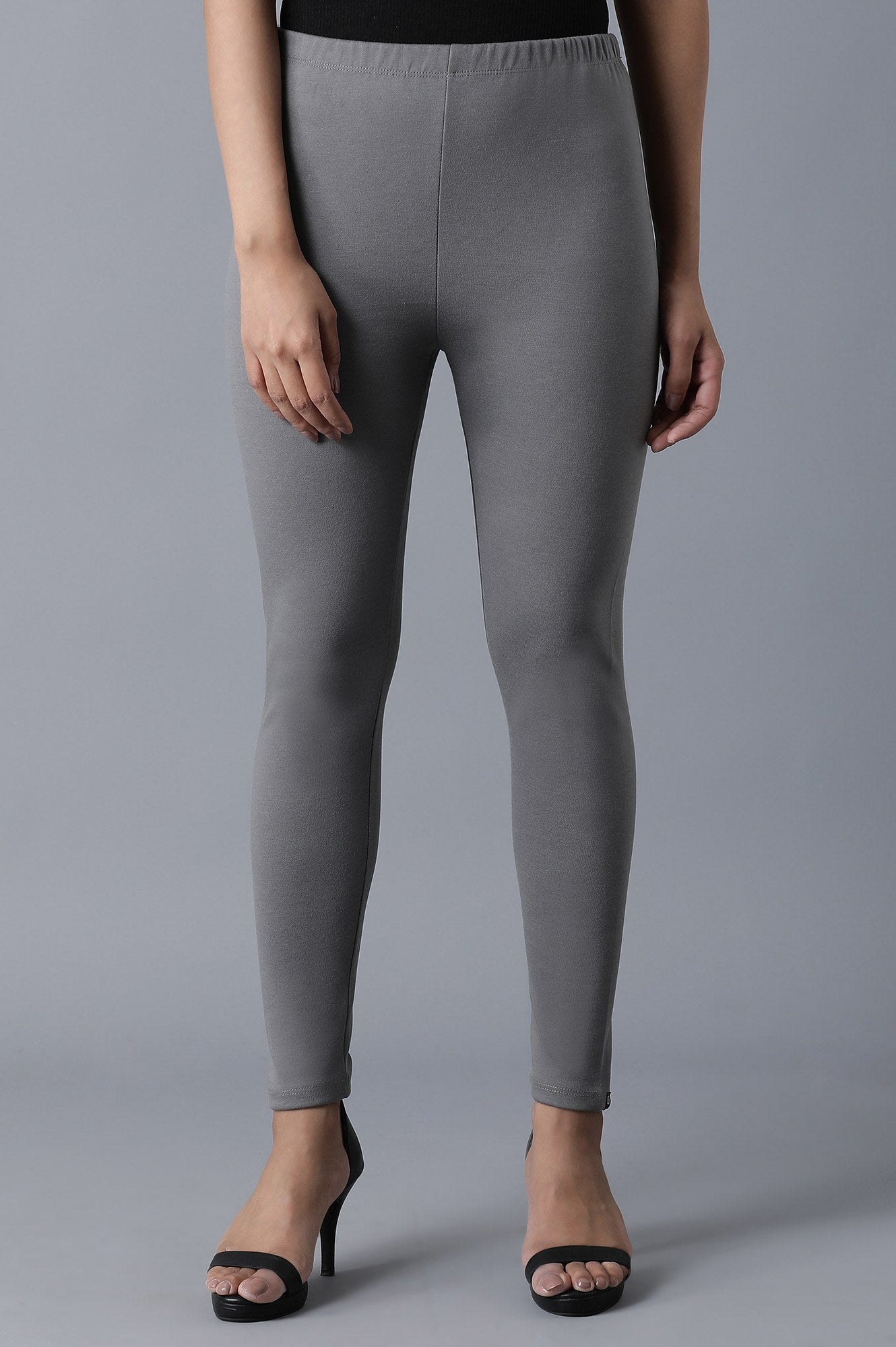 Grey Solid Skinny Fit Cotton Tights With Elasticated Waistband