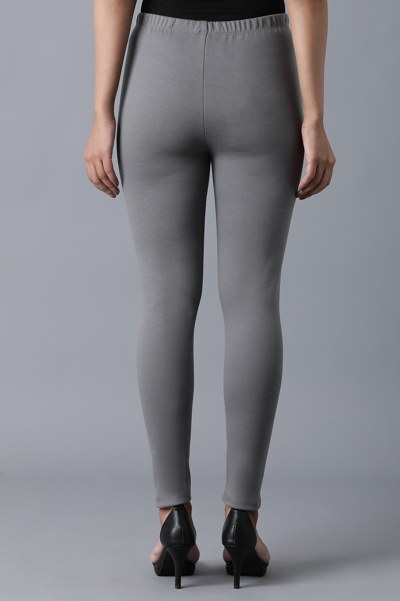 Grey Solid Skinny Fit Cotton Tights With Elasticated Waistband