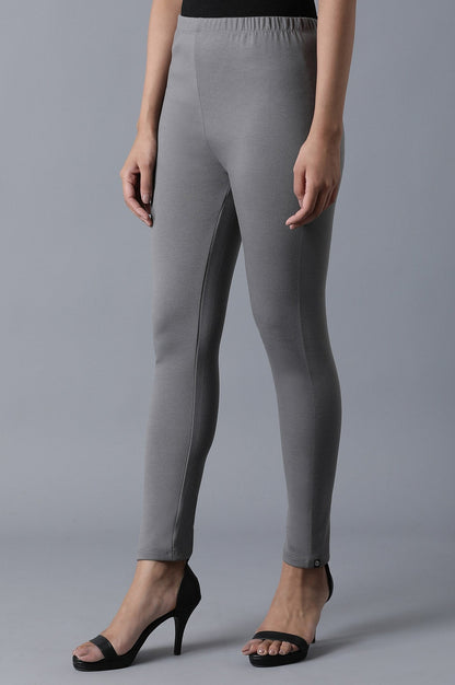 Grey Solid Skinny Fit Cotton Tights With Elasticated Waistband