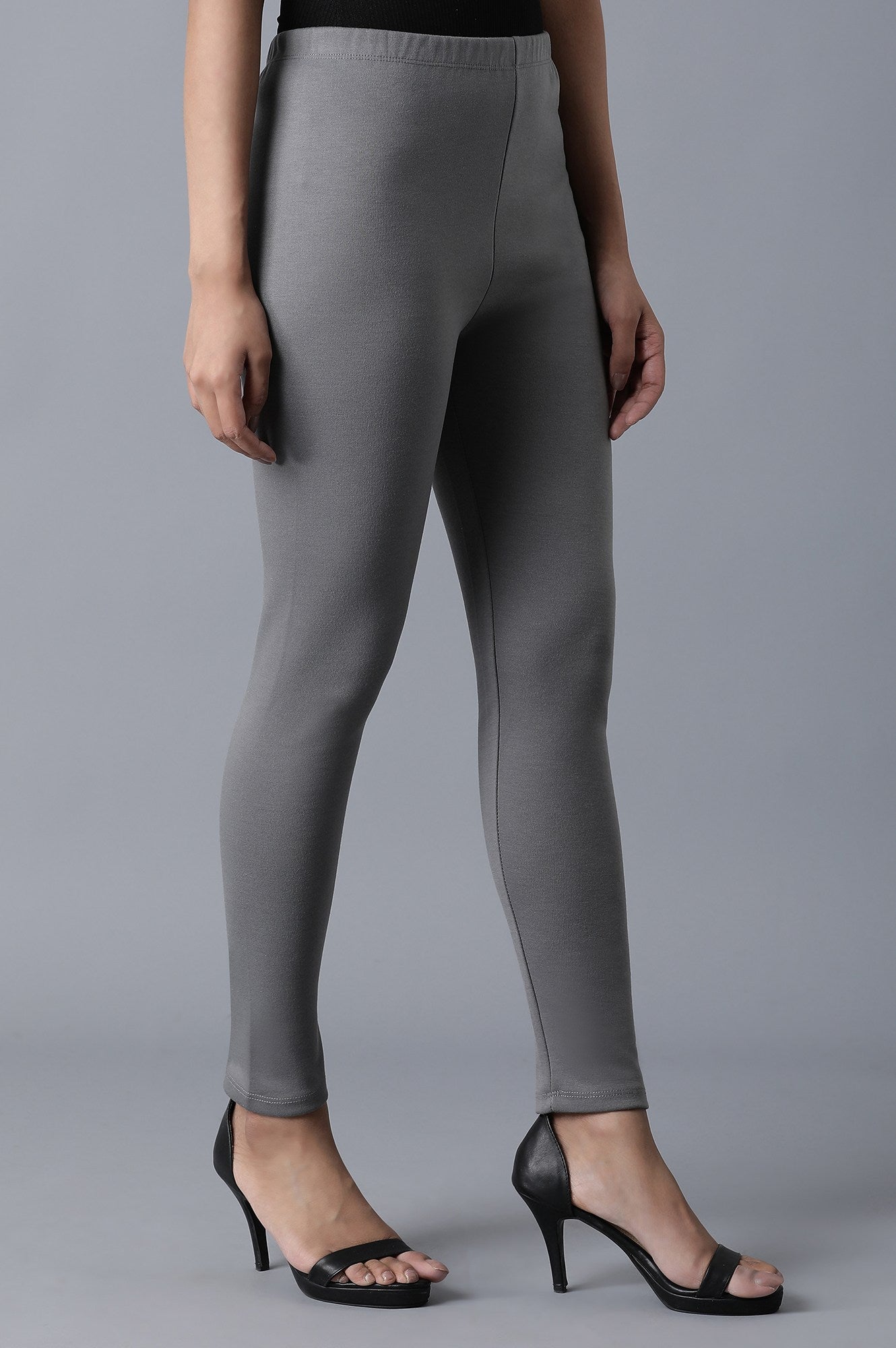 Grey Solid Skinny Fit Cotton Tights With Elasticated Waistband