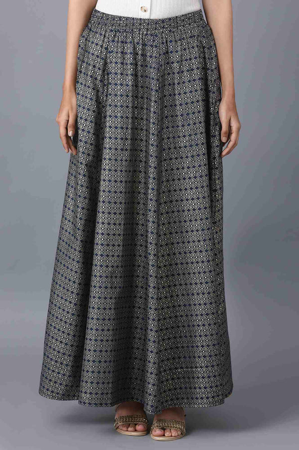 Navy Blue Floral Printed Flared Woven Skirt With Elasticated Waist