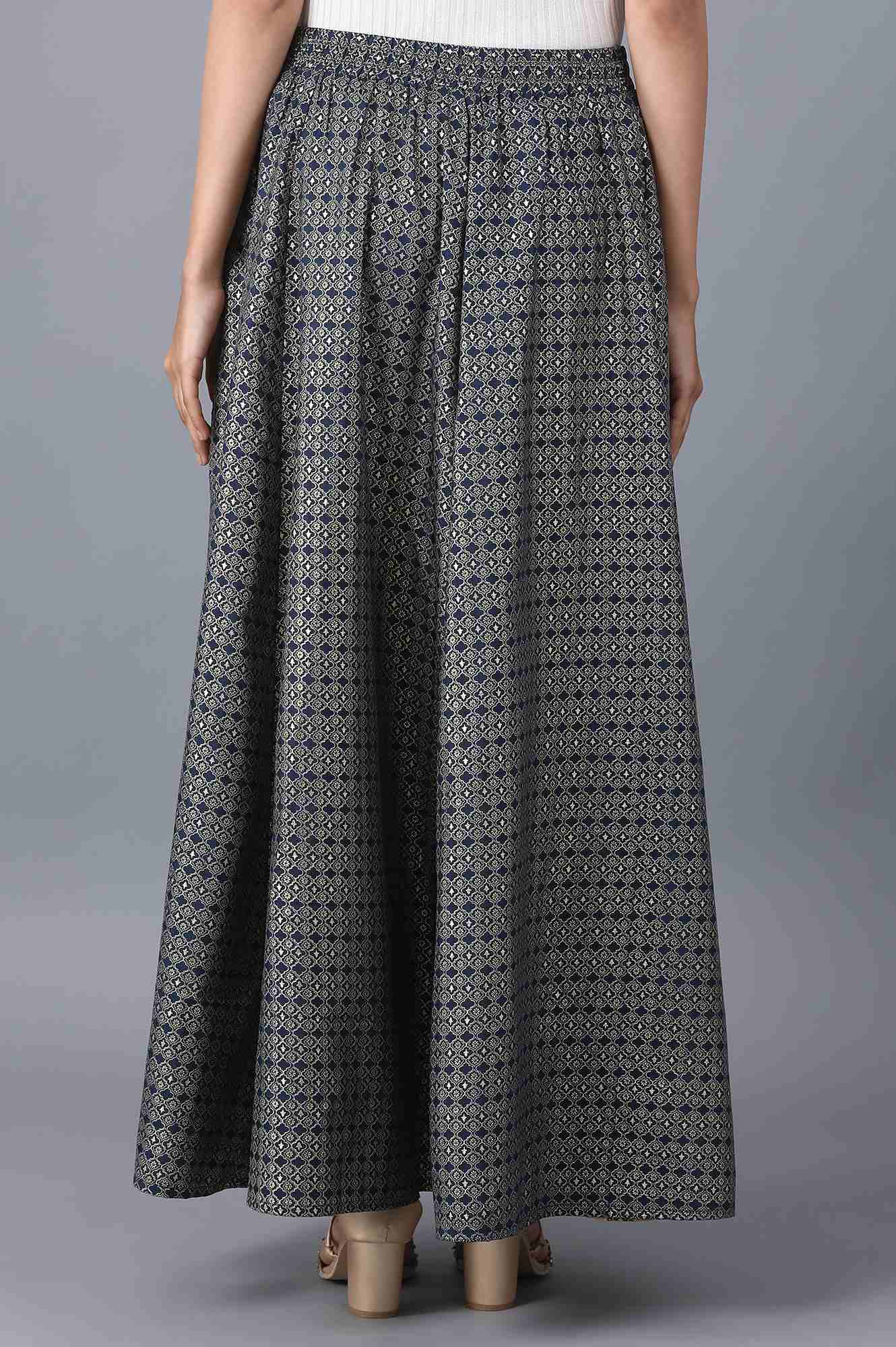 Navy Blue Floral Printed Flared Woven Skirt With Elasticated Waist