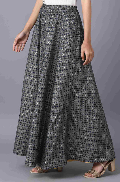 Navy Blue Floral Printed Flared Woven Skirt With Elasticated Waist