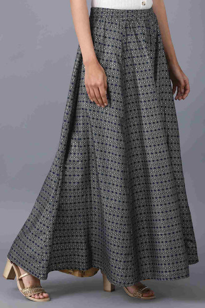 Navy Blue Floral Printed Flared Woven Skirt With Elasticated Waist