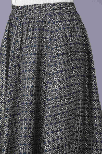 Navy Blue Floral Printed Flared Woven Skirt With Elasticated Waist