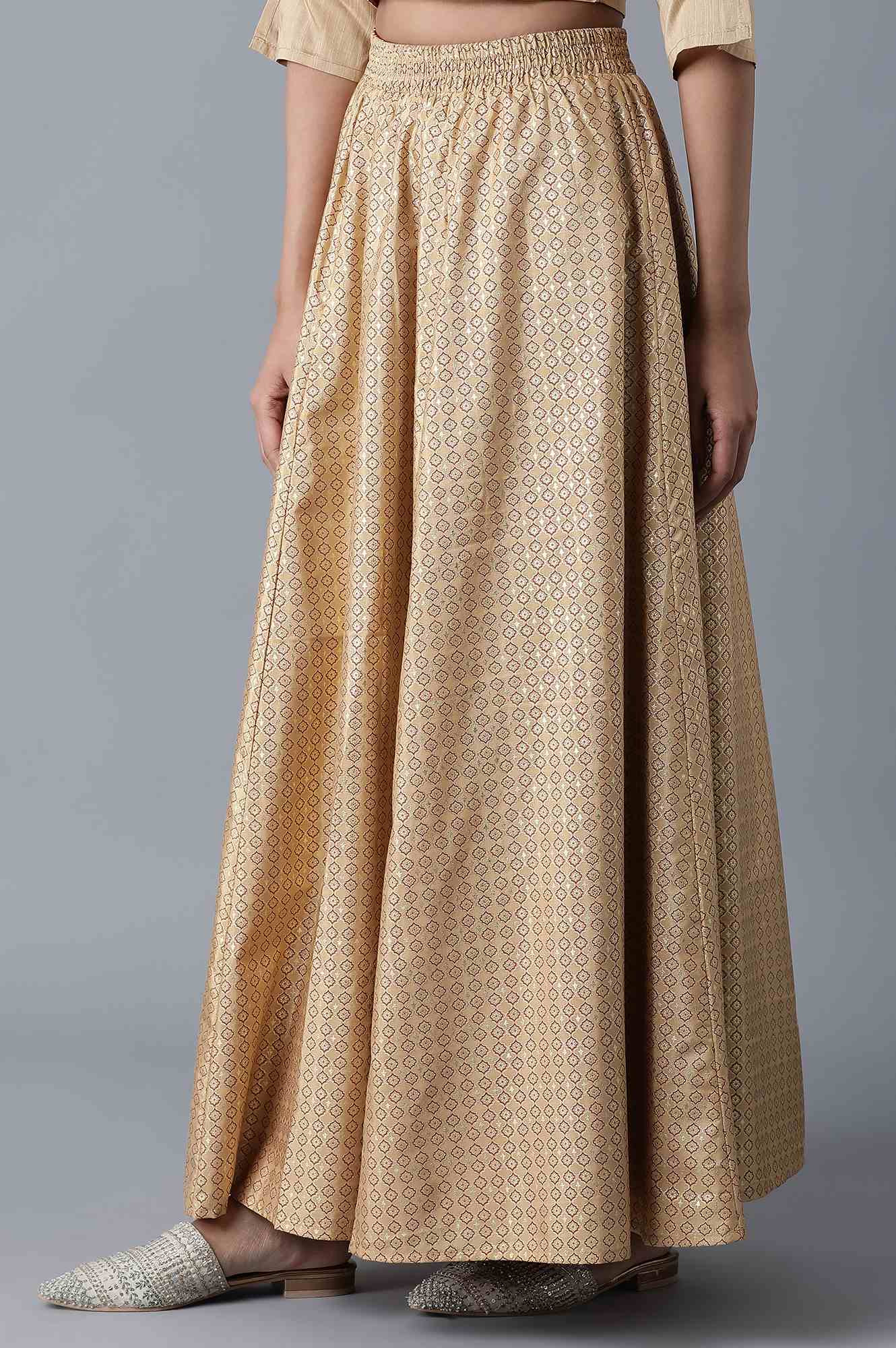 Red Floral Printed Flared Woven Skirt With Elasticated Waist