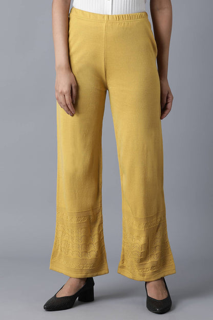 Mustard Pointelle Flared Knit Palazzo with Elasticated Waist